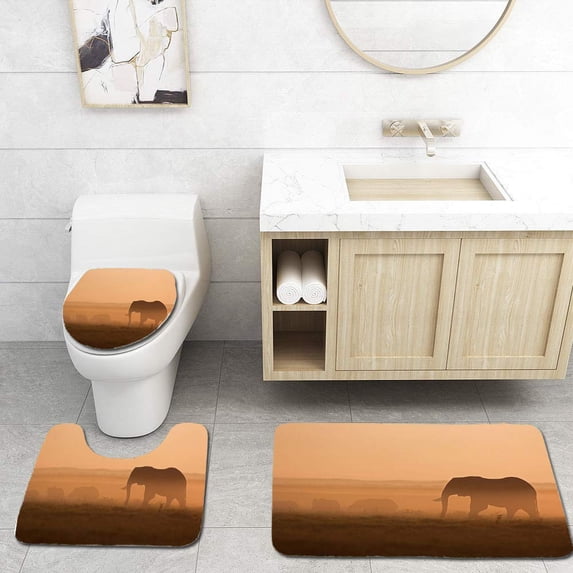 PUDMAD Elephants at Dawn 3 Piece Bathroom Rugs Set Bath Rug Contour Mat and Toilet Lid Cover
