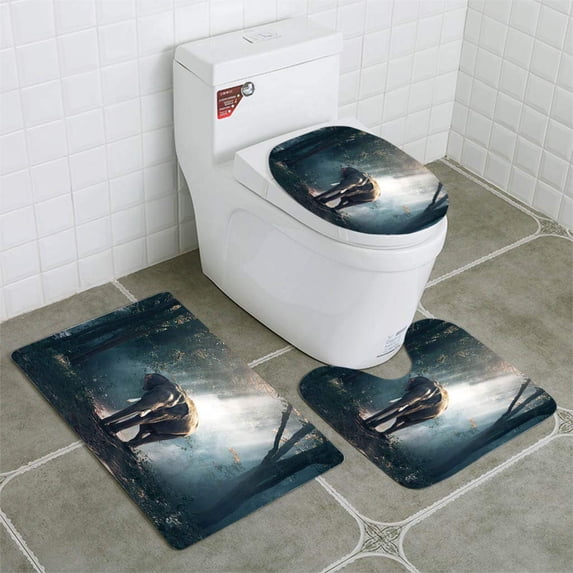 PUDMAD Elephants in Forest 3 Piece Bathroom Rugs Set Bath Rug Contour Mat and Toilet Lid Cover