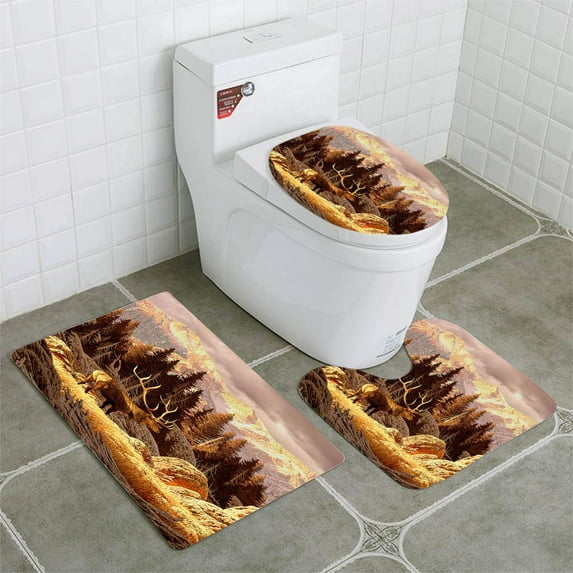 PUDMAD Elk in Rockies 3 Piece Bathroom Rugs Set Bath Rug Contour Mat and Toilet Lid Cover