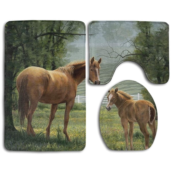 PUDMAD Embroidery Paintings Horses 3 Piece Bathroom Rugs Set Bath Rug Contour Mat and Toilet Lid Cover
