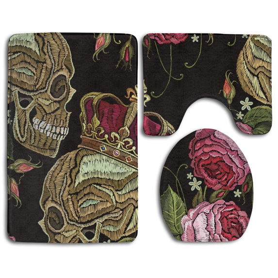 PUDMAD Embroidery Roses Skulls 3 Piece Bathroom Rugs Set Bath Rug Contour Mat and Toilet Lid Cover