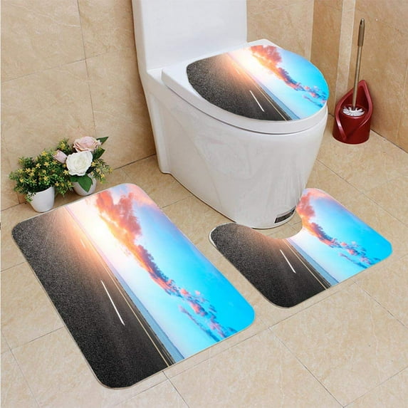 PUDMAD Empty Asphalt Road sea Nature Landscape at Sunset 3 Piece Bathroom Rugs Set Bath Rug Contour Mat and Toilet Lid Cover