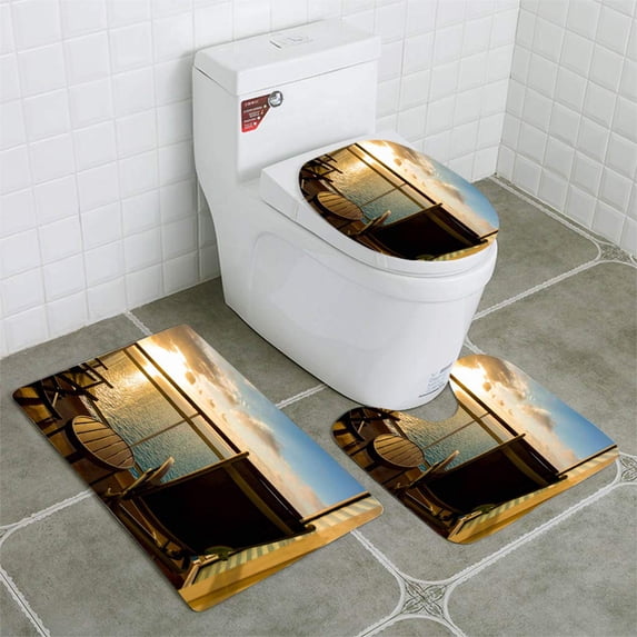 PUDMAD Empty Deck Chair on a Cruise Ship Balcony at Dusk 3 Piece Bathroom Rugs Set Bath Rug Contour Mat and Toilet Lid Cover
