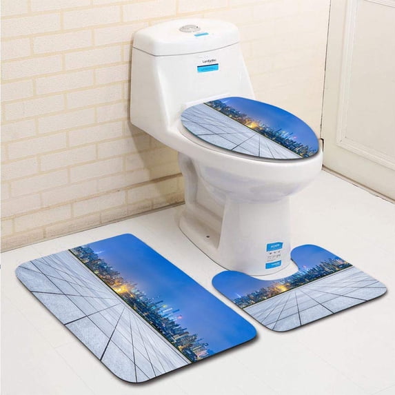 PUDMAD Empty Floor Modern City Skyline in Nanjing at Night 3 Piece Bathroom Rugs Set Bath Rug Contour Mat and Toilet Lid Cover