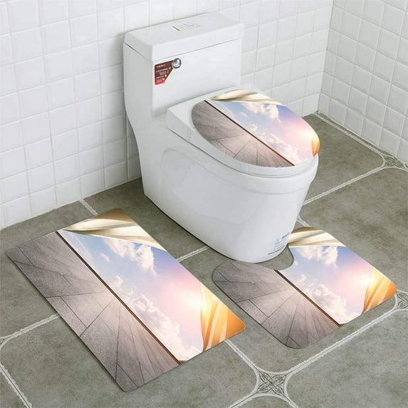PUDMAD Empty Floor and Modern Architectural Passageway at Sunset 3 Piece Bathroom Rugs Set Bath Rug Contour Mat and Toilet Lid Cover