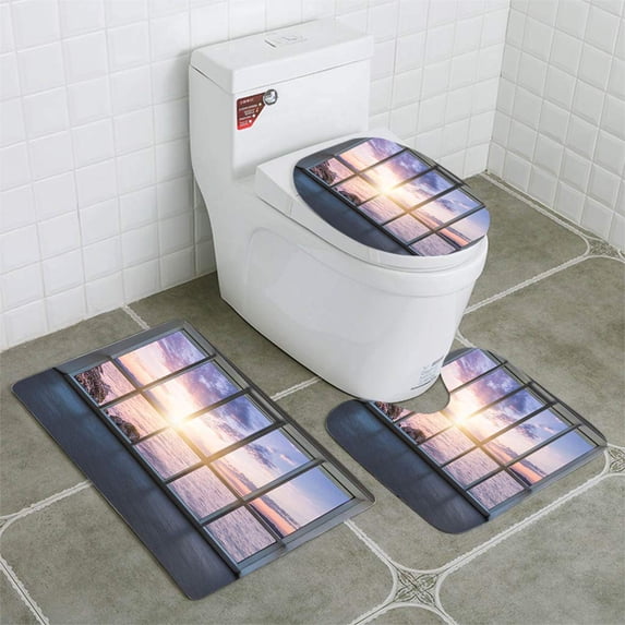 PUDMAD Empty Modern Office 3 Piece Bathroom Rugs Set Bath Rug Contour Mat and Toilet Lid Cover