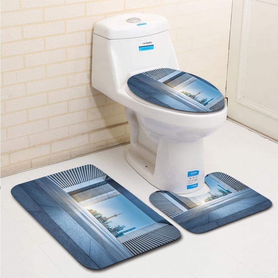 PUDMAD Empty Pavement Front Modern Architecture 3 Piece Bathroom Rugs Set Bath Rug Contour Mat and Toilet Lid Cover