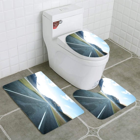 PUDMAD Empty Road Mountain Landscape 3 Piece Bathroom Rugs Set Bath Rug Contour Mat and Toilet Lid Cover