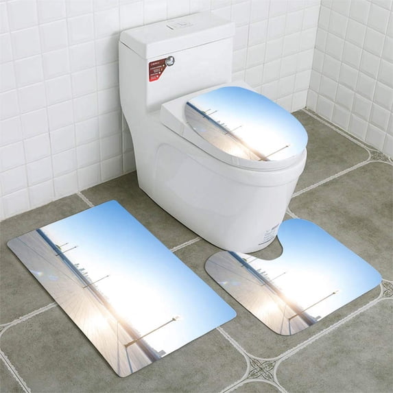 PUDMAD Empty Square Cityscape and Skyline at Sunrise in Harbin 3 Piece Bathroom Rugs Set Bath Rug Contour Mat and Toilet Lid Cover