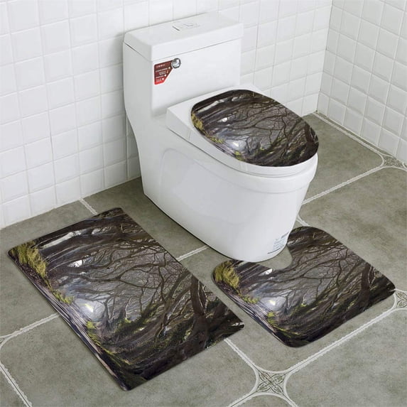 PUDMAD Enchanted Forest 3 Piece Bathroom Rugs Set Bath Rug Contour Mat and Toilet Lid Cover
