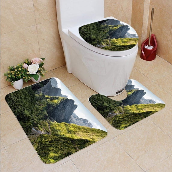 PUDMAD Entry in Mafate Cirque 3 Piece Bathroom Rugs Set Bath Rug Contour Mat and Toilet Lid Cover