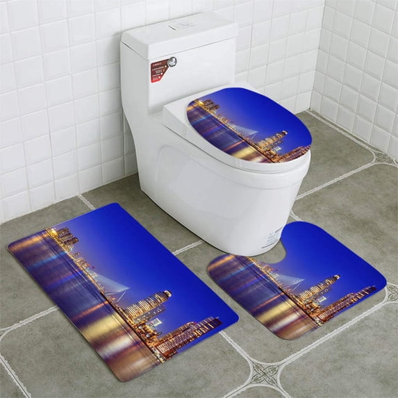 PUDMAD Erasmus Bridge at Twilight 3 Piece Bathroom Rugs Set Bath Rug Contour Mat and Toilet Lid Cover