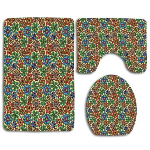 PUDMAD Ethnic All Garden Inspired Floral Shapes Pale Yellow Backdrop Festive 3 Piece Bathroom Rugs Set Bath Rug Contour Mat and Toilet Lid Cover