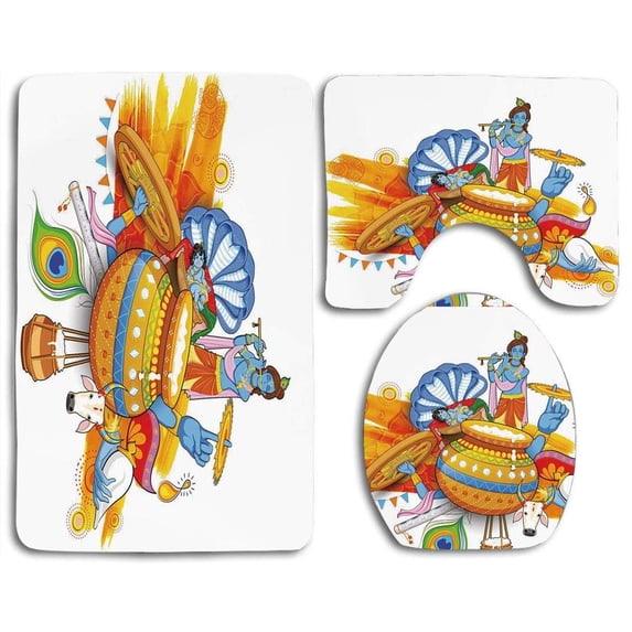 PUDMAD Ethnic Ancient Festive Holiday Composition Figures Peacock Feather Cultural Symbol 3 Piece Bathroom Rugs Set Bath Rug Contour Mat and Toilet Lid Cover