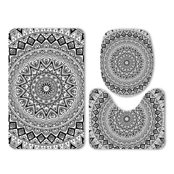 PUDMAD Ethnic Style Grain Black and White Color 3 Piece Bathroom Rugs Set Bath Rug Contour Mat and Toilet Lid Cover