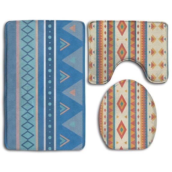 PUDMAD Ethnic Tribal Printed 3 Piece Bathroom Rugs Set Bath Rug Contour Mat and Toilet Lid Cover