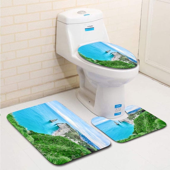 PUDMAD Etretat Landscape 3 Piece Bathroom Rugs Set Bath Rug Contour Mat and Toilet Lid Cover