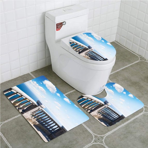PUDMAD European Ancient Architecture Historical Balcony Banisters Ocean View Light 3 Piece Bathroom Rugs Set Bath Rug Contour Mat and Toilet Lid Cover