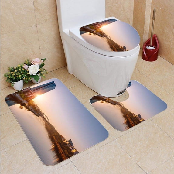PUDMAD European Central Bank Building During Sunrise 3 Piece Bathroom Rugs Set Bath Rug Contour Mat and Toilet Lid Cover