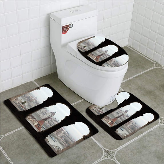 PUDMAD European Hungarian Parliament on Embankment Danube from Ancient Balcony 3 Piece Bathroom Rugs Set Bath Rug Contour Mat and Toilet Lid Cover