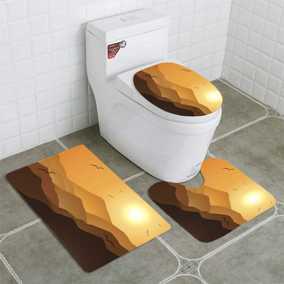 PUDMAD Evening Mountains and Sunset 3 Piece Bathroom Rugs Set Bath Rug Contour Mat and Toilet Lid Cover