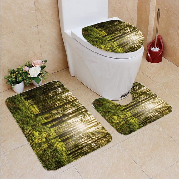 PUDMAD Evening in Forest 3 Piece Bathroom Rugs Set Bath Rug Contour Mat and Toilet Lid Cover