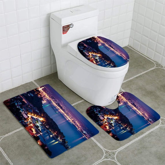 PUDMAD Evening in Gulf Trieste 3 Piece Bathroom Rugs Set Bath Rug Contour Mat and Toilet Lid Cover
