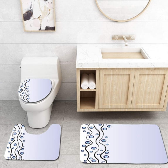 PUDMAD Evil Eye Eye Shaped Amulets Vertical Wavy Lines Artistic Magical Belief Happiness Blue Black 3 Piece Bathroom Rugs Set Bath Rug Contour Mat and Toilet Lid Cover