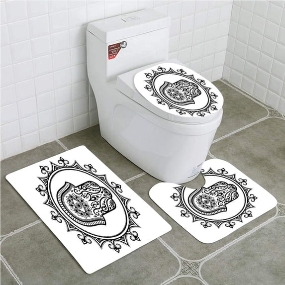 PUDMAD Evil Eye Hamsa Hand Drawn Symbol Evil Eye in Mandala Ethnic Amulet Mehndi Style 3 Piece Bathroom Rugs Set Bath Rug Contour Mat and Toilet Lid Cover