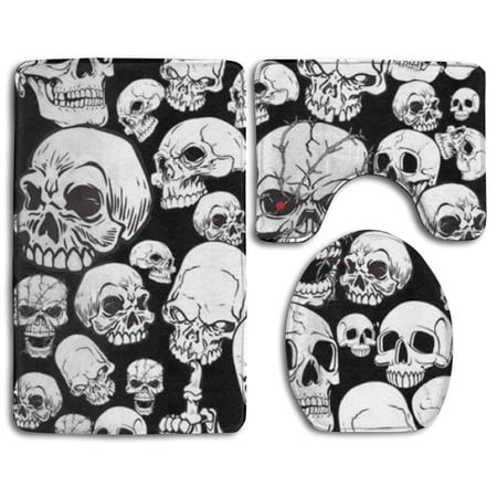 PUDMAD Evil Skull 3 Piece Bathroom Rugs Set Bath Rug Contour Mat and Toilet Lid Cover
