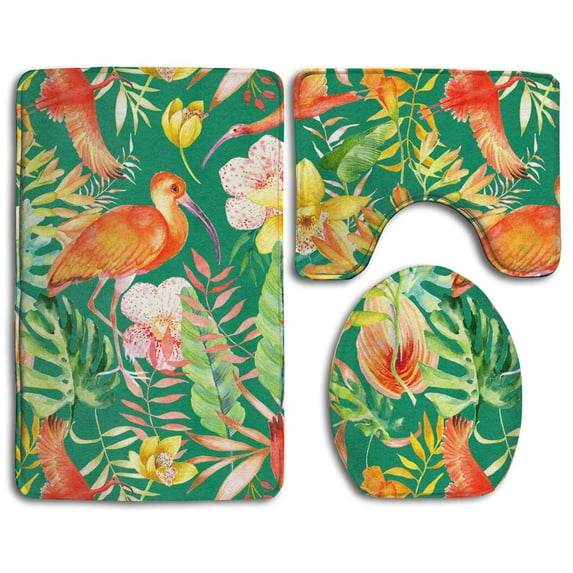 PUDMAD Exotic Birds Tropical Palm 3 Piece Bathroom Rugs Set Bath Rug Contour Mat and Toilet Lid Cover