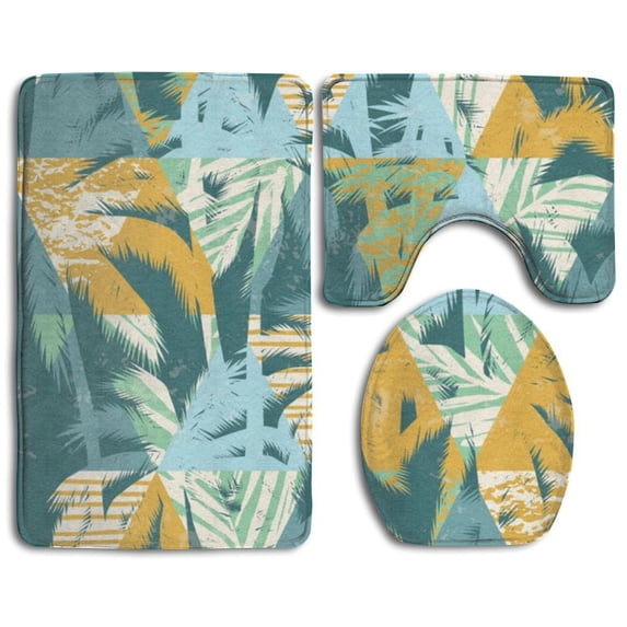 PUDMAD Exotic Palm Leaves 3 Piece Bathroom Rugs Set Bath Rug Contour Mat and Toilet Lid Cover