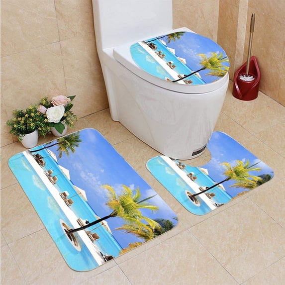 PUDMAD Exotic Resort in Maldives 3 Piece Bathroom Rugs Set Bath Rug Contour Mat and Toilet Lid Cover