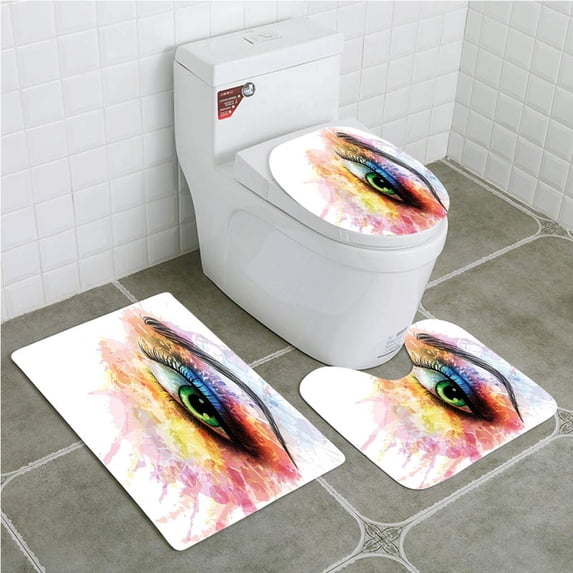 PUDMAD Eye Young Womans Eye Colorful Paint Splashes Grunge Artistic Hand Drawn Figure 3 Piece Bathroom Rugs Set Bath Rug Contour Mat and Toilet Lid Cover