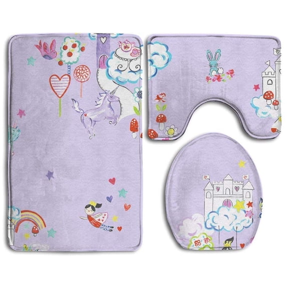 PUDMAD Fairy Unicornios 3 Piece Bathroom Rugs Set Bath Rug Contour Mat and Toilet Lid Cover