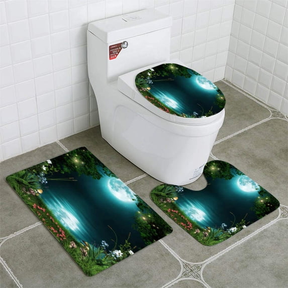 PUDMAD Fairytale Forest by a Pond 3 Piece Bathroom Rugs Set Bath Rug Contour Mat and Toilet Lid Cover