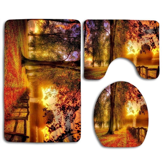 PUDMAD Fall Coloring Dimension Orange 3 Piece Bathroom Rugs Set Bath Rug Contour Mat and Toilet Lid Cover