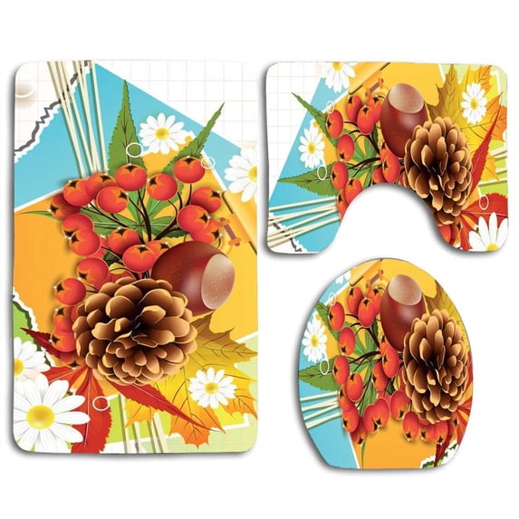 PUDMAD Fall Daisies 3 Piece Bathroom Rugs Set Bath Rug Contour Mat and Toilet Lid Cover