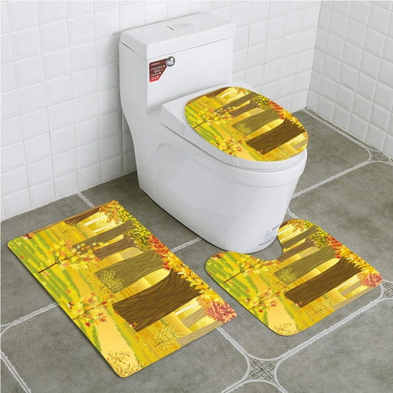 PUDMAD Fall Dreamy Fantasy Enchanted Forest Deciduous Trees Bushes in 3 Piece Bathroom Rugs Set Bath Rug Contour Mat and Toilet Lid Cover
