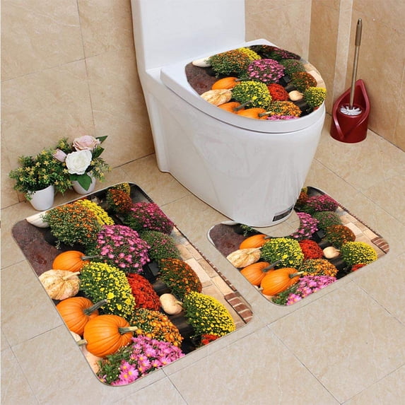 PUDMAD Fall Pumpkins Flowers 3 Piece Bathroom Rugs Set Bath Rug Contour Mat and Toilet Lid Cover