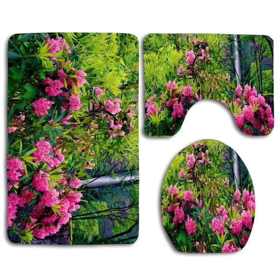 PUDMAD Fall Rhodondendrons 3 Piece Bathroom Rugs Set Bath Rug Contour Mat and Toilet Lid Cover