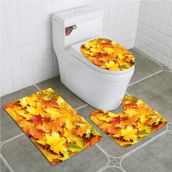 PUDMAD Fall Wet Fall Leaves Rainy Weather Maple Tree Nature in November Change 3 Piece Bathroom Rugs Set Bath Rug Contour Mat and Toilet Lid Cover