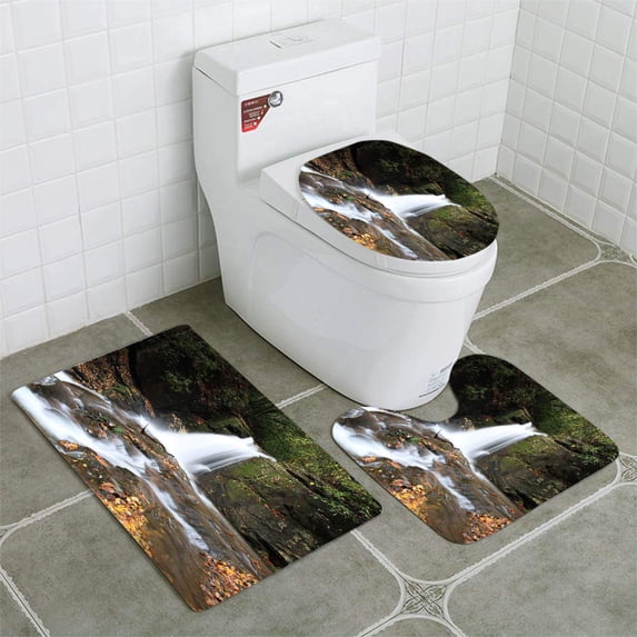 PUDMAD Falls Dodd Creek Along Raven Cliff Falls Trail in Georgia 3 Piece Bathroom Rugs Set Bath Rug Contour Mat and Toilet Lid Cover