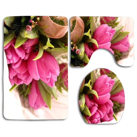 PUDMAD Fancy Pink Flowers 3 Piece Bathroom Rugs Set Bath Rug Contour Mat and Toilet Lid Cover