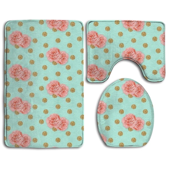 PUDMAD Fancy Watercolor Rose 3 Piece Bathroom Rugs Set Bath Rug Contour Mat and Toilet Lid Cover