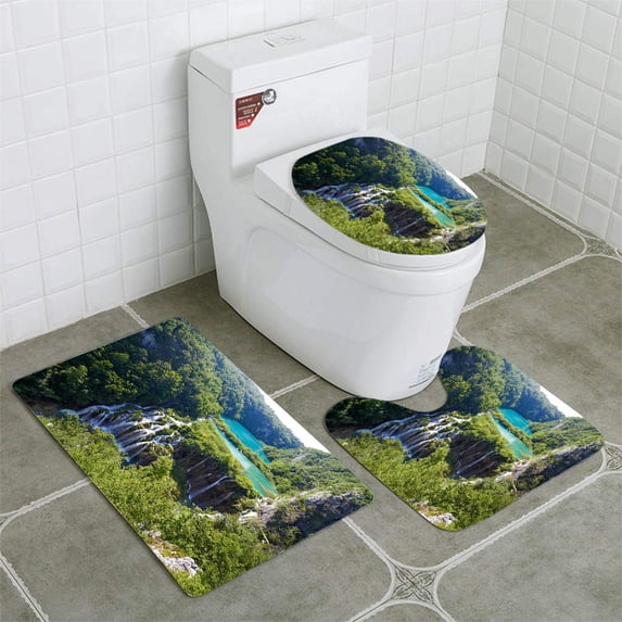 PUDMAD Fantastic View in Plitvice Lakes National Park Croatia Bright 3 Piece Bathroom Rugs Set Bath Rug Contour Mat and Toilet Lid Cover