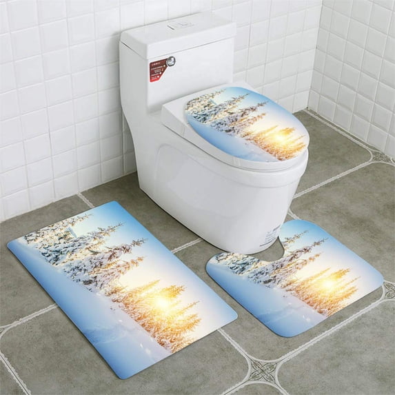 PUDMAD Fantastic Winter Landscape and Worn Trail Leading into Mount 3 Piece Bathroom Rugs Set Bath Rug Contour Mat and Toilet Lid Cover
