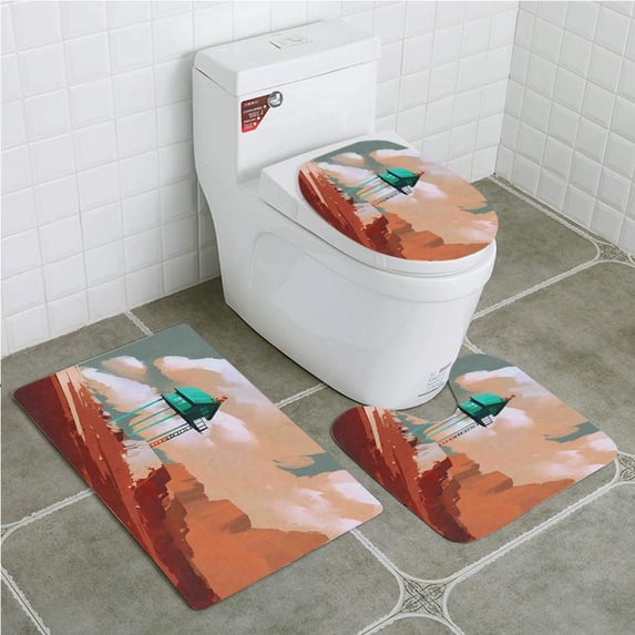 PUDMAD Fantasy Art House Little Wood House on Stone Hill Boy on Cloudy Roof 3 Piece Bathroom Rugs Set Bath Rug Contour Mat and Toilet Lid Cover