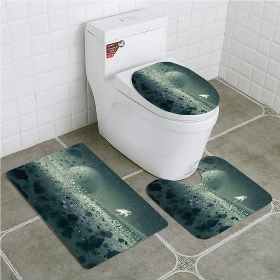 PUDMAD Fantasy Art House Moon Journey Astronaut on Surface Outer Space 3 Piece Bathroom Rugs Set Bath Rug Contour Mat and Toilet Lid Cover