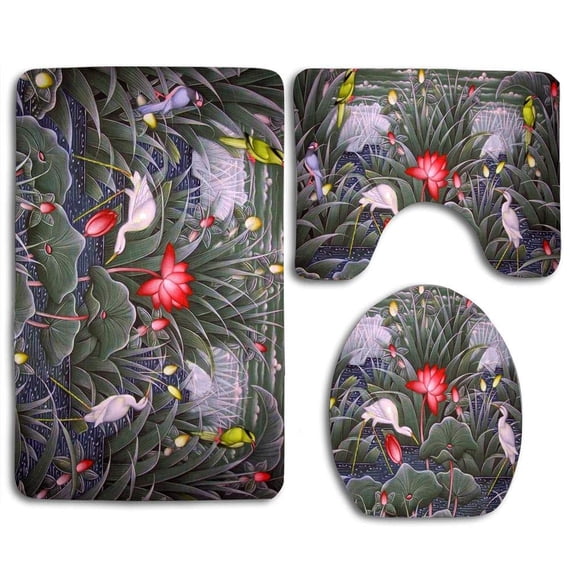 PUDMAD Fantasy Bird Flower 3 Piece Bathroom Rugs Set Bath Rug Contour Mat and Toilet Lid Cover